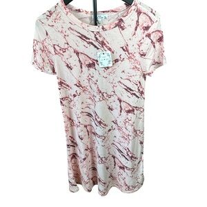 Poof! Short Sleeve Marble-Print Tee Dress in Pink and Cream